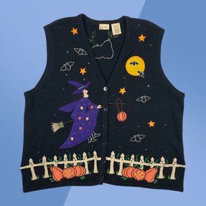 Vintage Bobbie Brooks Black Embroidered Witch Halloween Sweater Vest Women's 22W